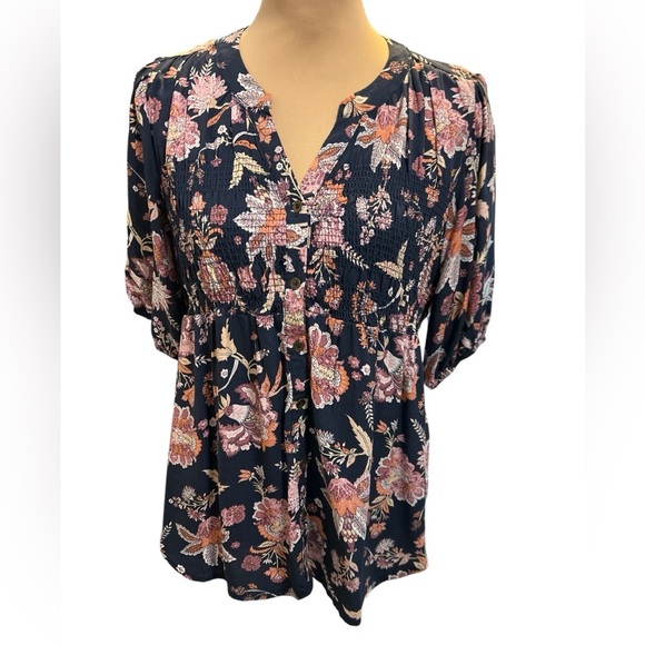 Knox Rose Sz Small Navy Smocked Floral Blouse Half Sleeve Top Boho Peasant Shirt - Picture 1 of 7